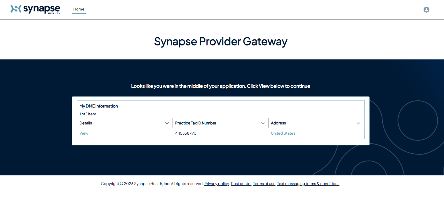 Synapse Provider Gateway home page showing a My DME Information card with a View link, practice tax ID number, and address.