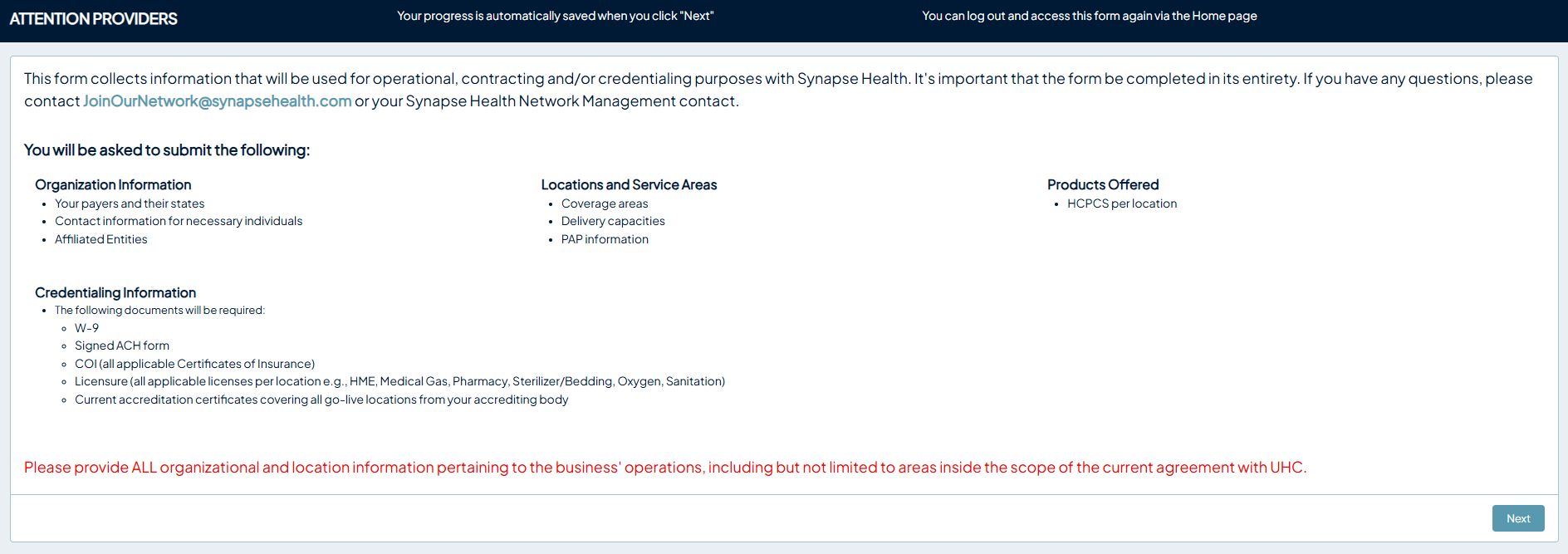 Gateway form overview screen listing the information required: organization information, contacts, affiliated entities, locations and service areas, products offered, and credentialing documents.