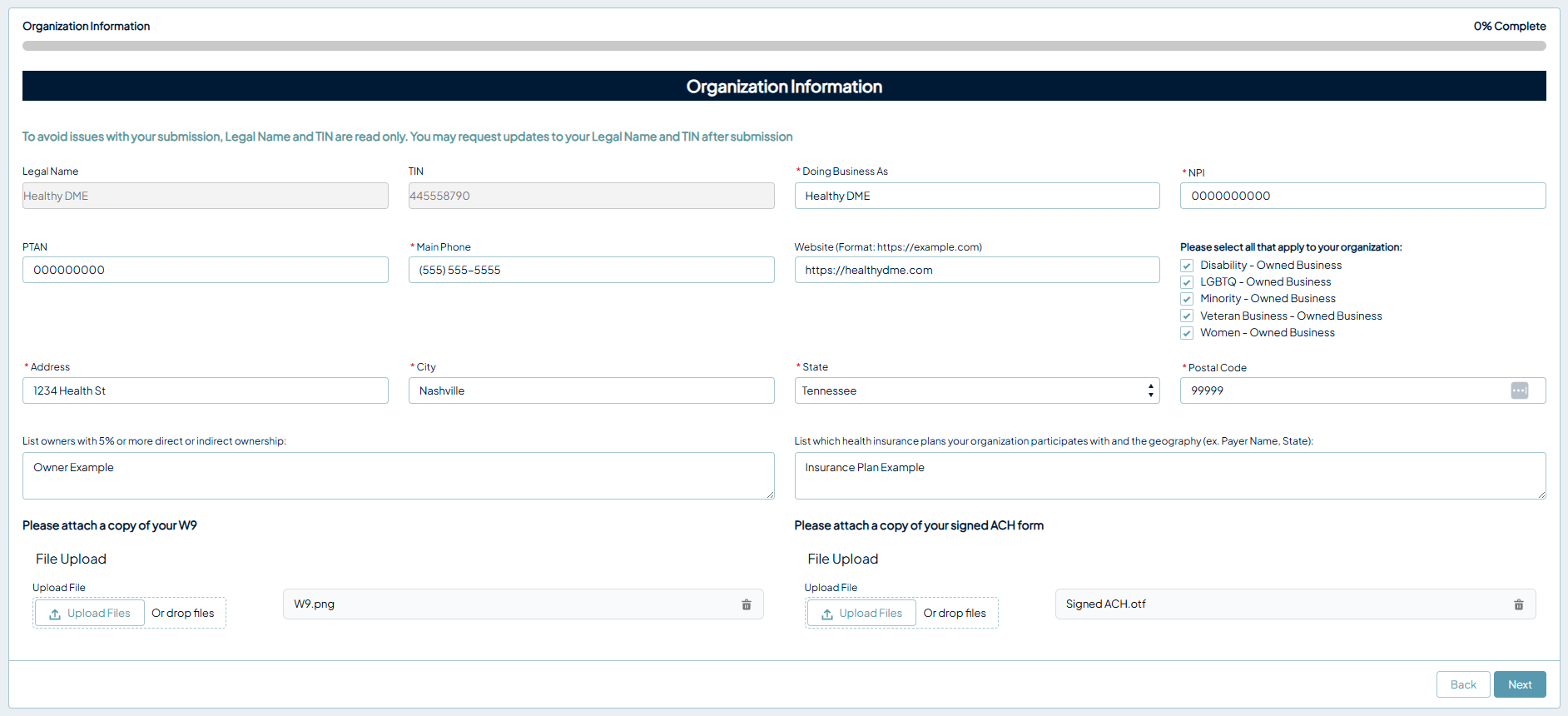 Organization Information page of the Gateway form with fields for legal name, TIN, doing business as, NPI, PTAN, main phone, website, address, ownership, and file uploads for the W-9 and signed ACH form.