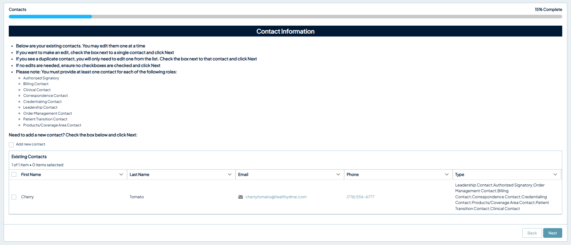 Contact Information page showing guidance on editing one contact at a time and a table of existing contacts with first name, last name, email, phone, and role type.