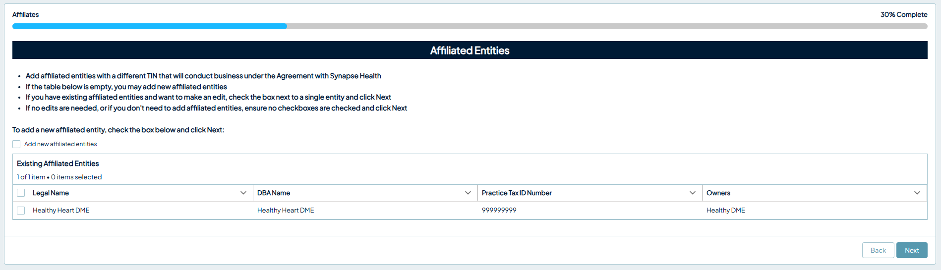 Affiliated Entities page with a table of existing affiliated entities showing legal name, DBA name, practice tax ID number, and owners.