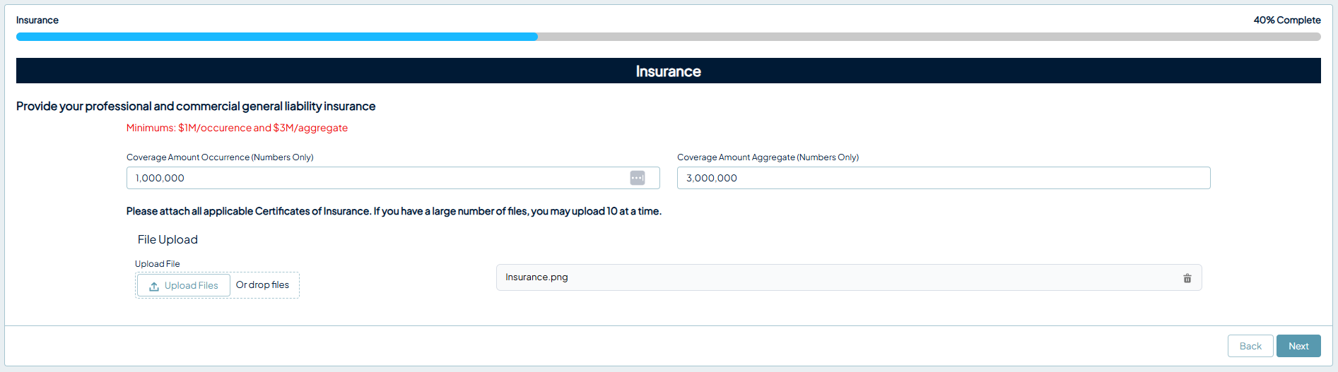 Insurance page showing minimum coverage requirements, coverage amount occurrence and aggregate fields, and a file upload area for certificates of insurance.