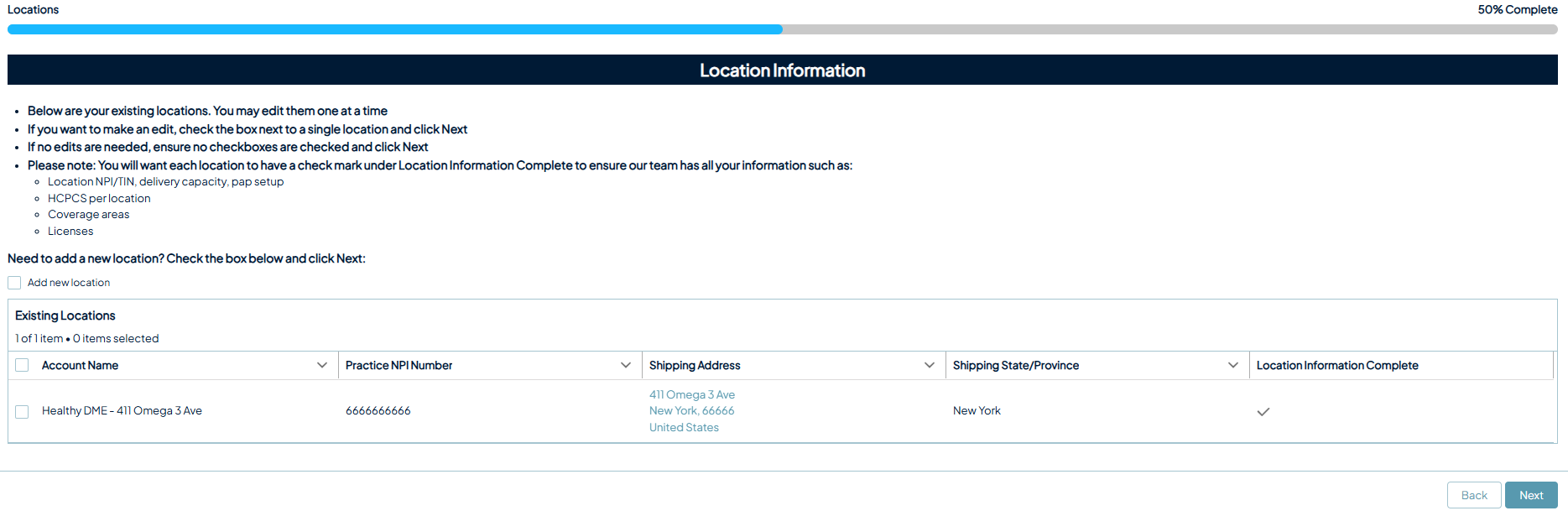 Location Information page showing a table of existing locations with account name, practice NPI number, shipping address, state, and a location information complete checkmark.