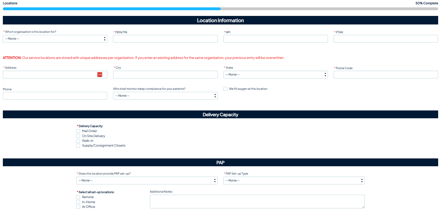 Location information entry page with fields for organization, NPI, address, delivery capacity options including mail order, on-site delivery, walk-in and supply closets, and a PAP section.