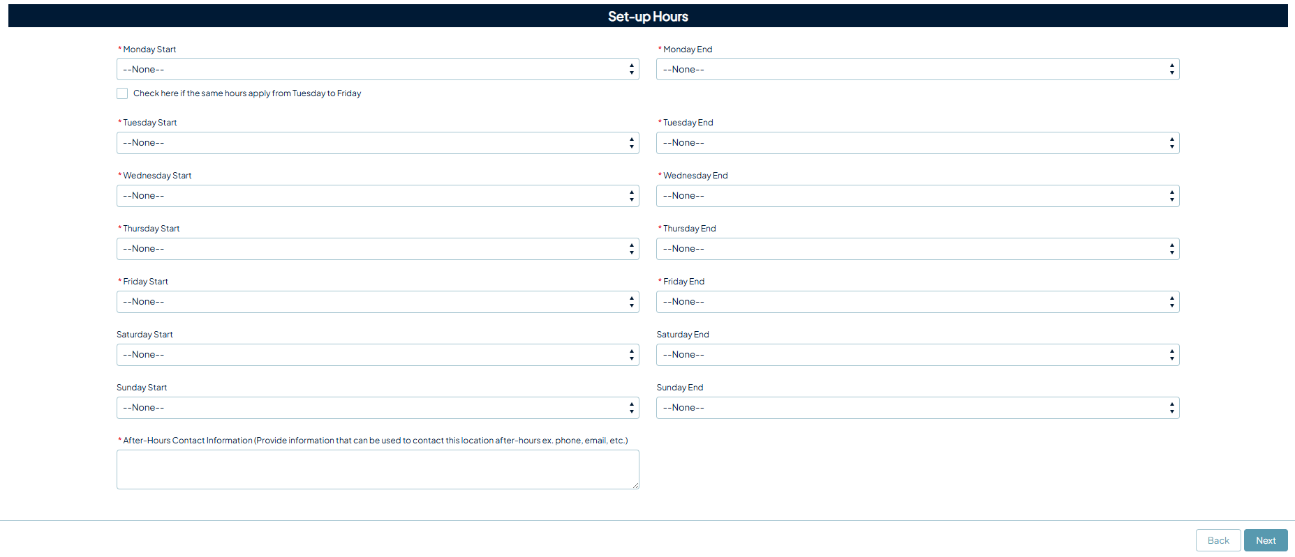 Set-up Hours section with start and end time selectors for each day of the week and a field for after-hours contact information.