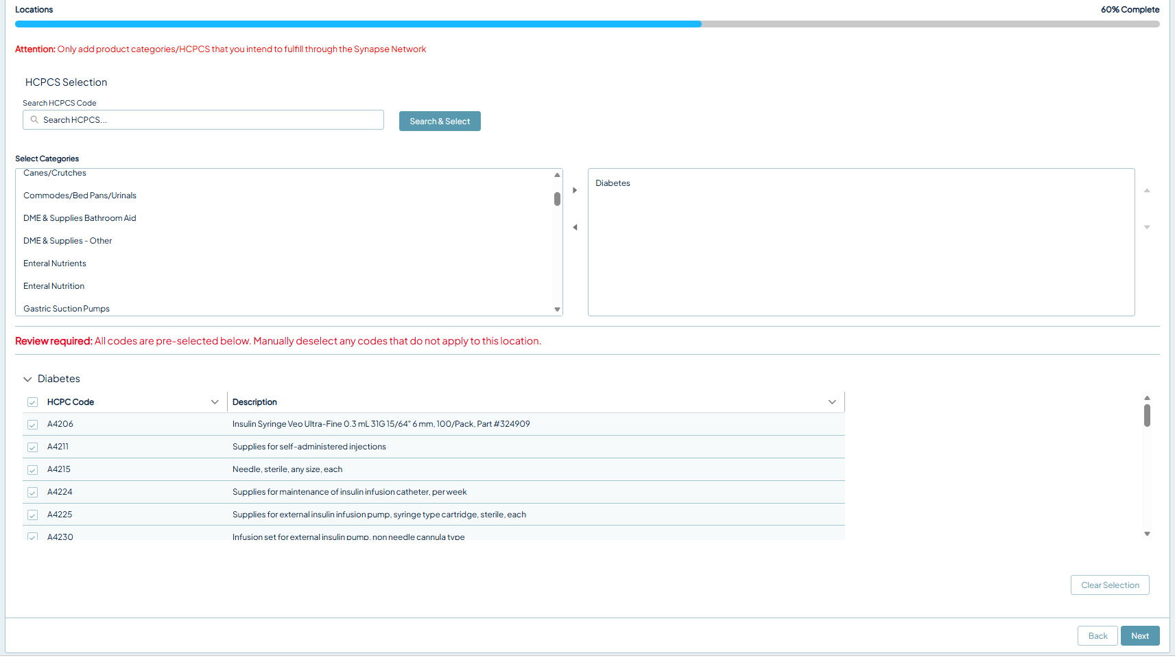 HCPCS selection screen with a category list on the left, selected categories on the right, and a table of individual HCPCS codes with checkboxes and descriptions.