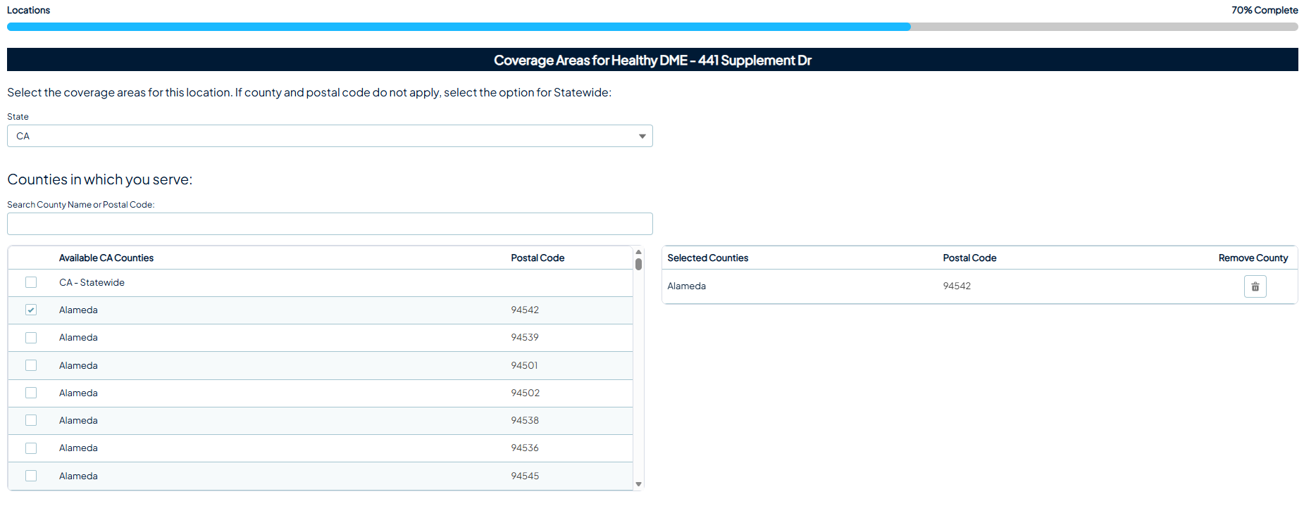 Coverage areas page showing a state selector, a list of available counties with postal codes, and a table of selected counties with a remove county option.