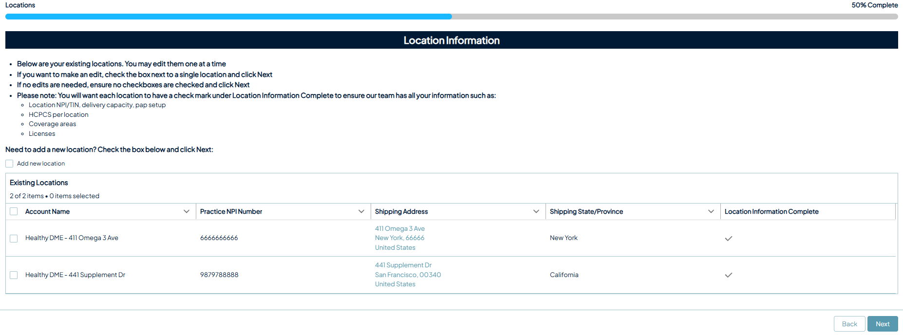 Existing locations table showing two completed locations, each with a location information complete checkmark.