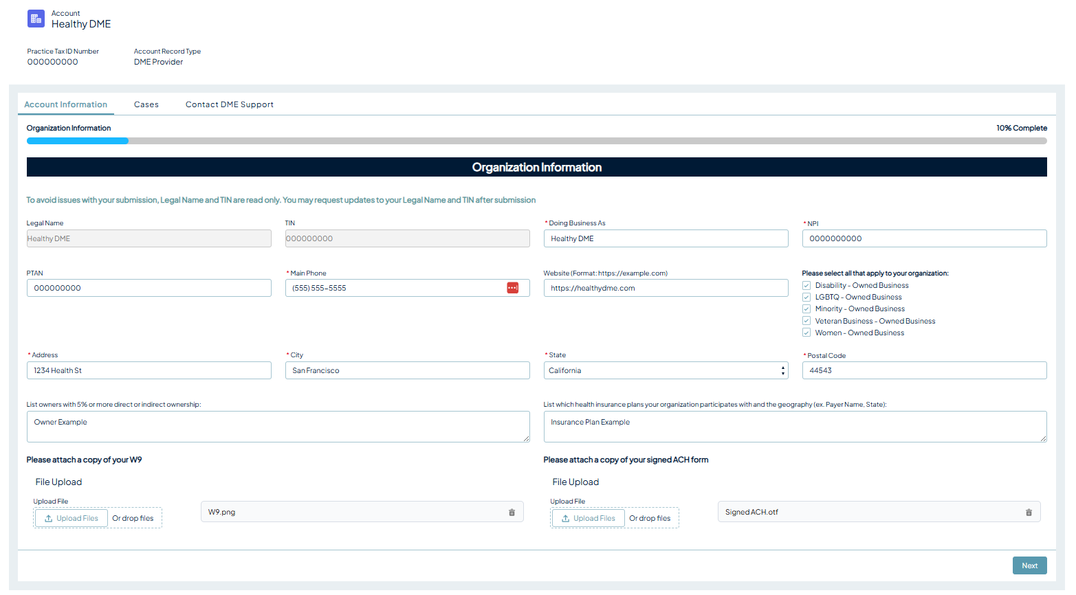 Account Information tab showing the submitted organization information with editable fields and the account record type listed as DME Provider.