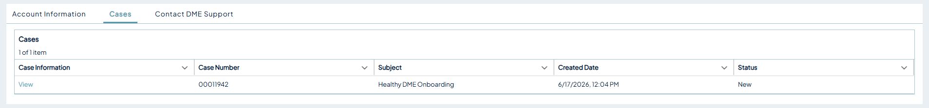 Cases tab showing a single onboarding case with case number, subject, created date, and status.