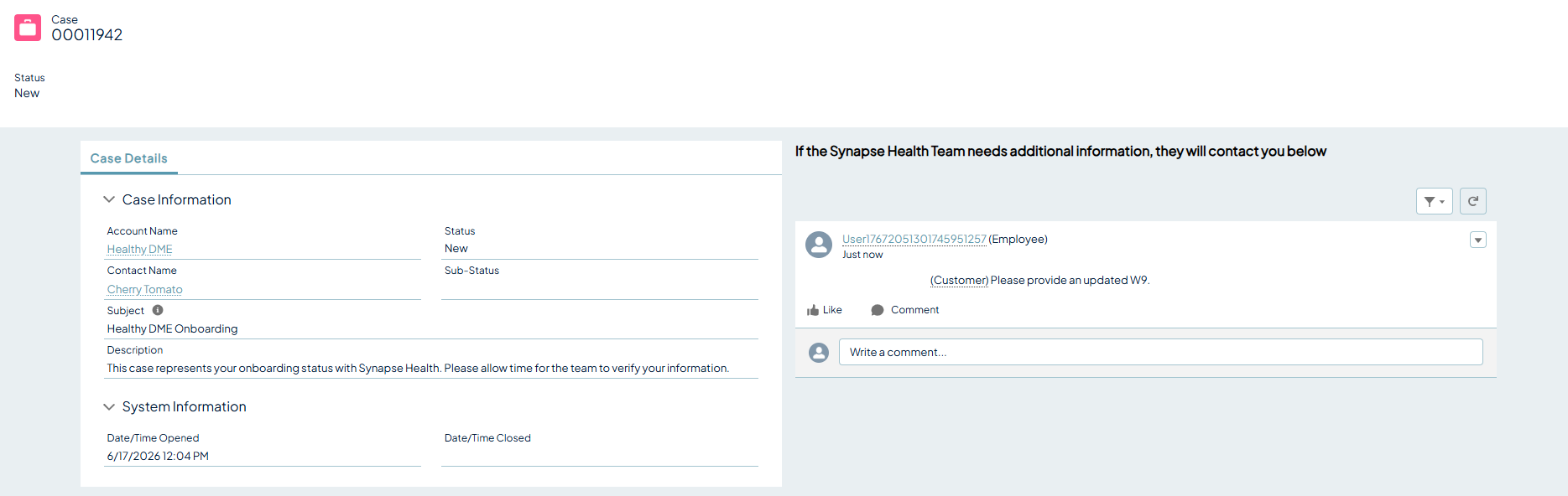 Case detail view with a message from a Synapse Health employee on the right asking the provider to supply an updated W-9.