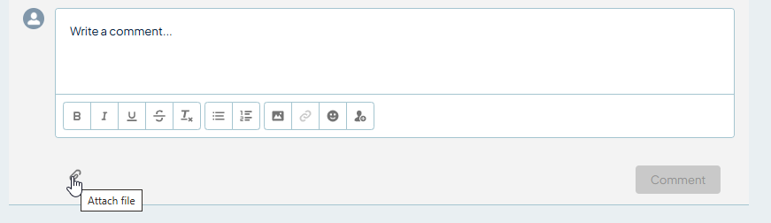 Comment box with formatting tools and an attach file control highlighted.